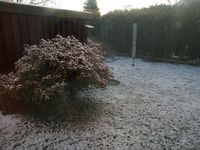 Garten Blick aus K&uuml;chenfenster mit Schnee